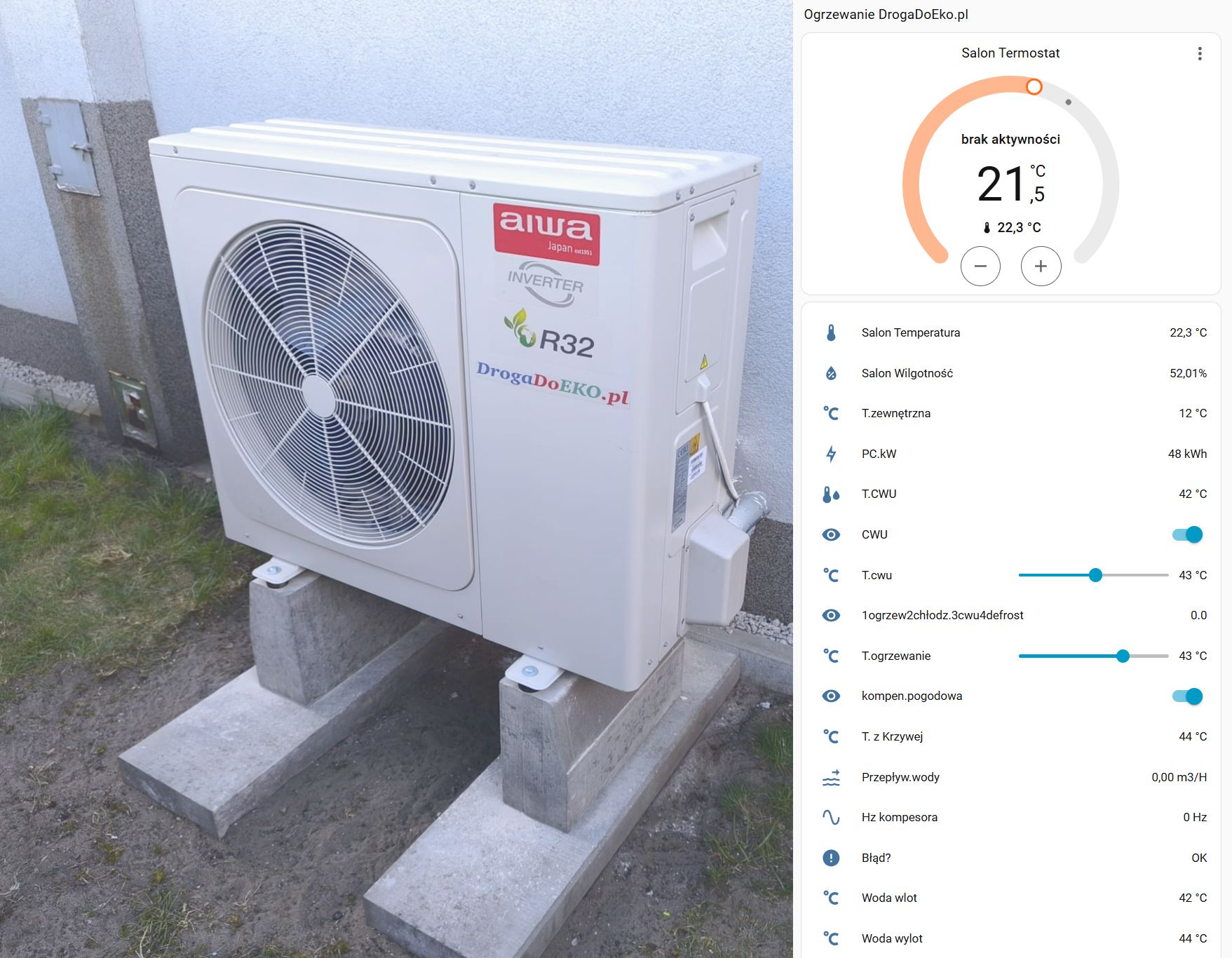 Pompa ciepła integracja Home Assistant Zewnętrzna jednostka pompy ciepła oraz interfejs aplikacji Home Assistant na ekranie smartfona.